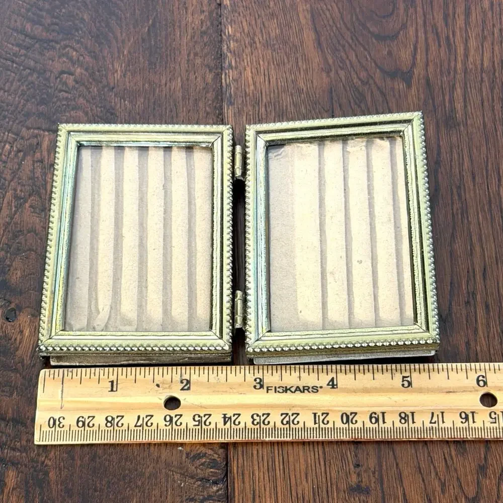 Vintage Double Hinged Gold Tone Mini Metal Picture Frame